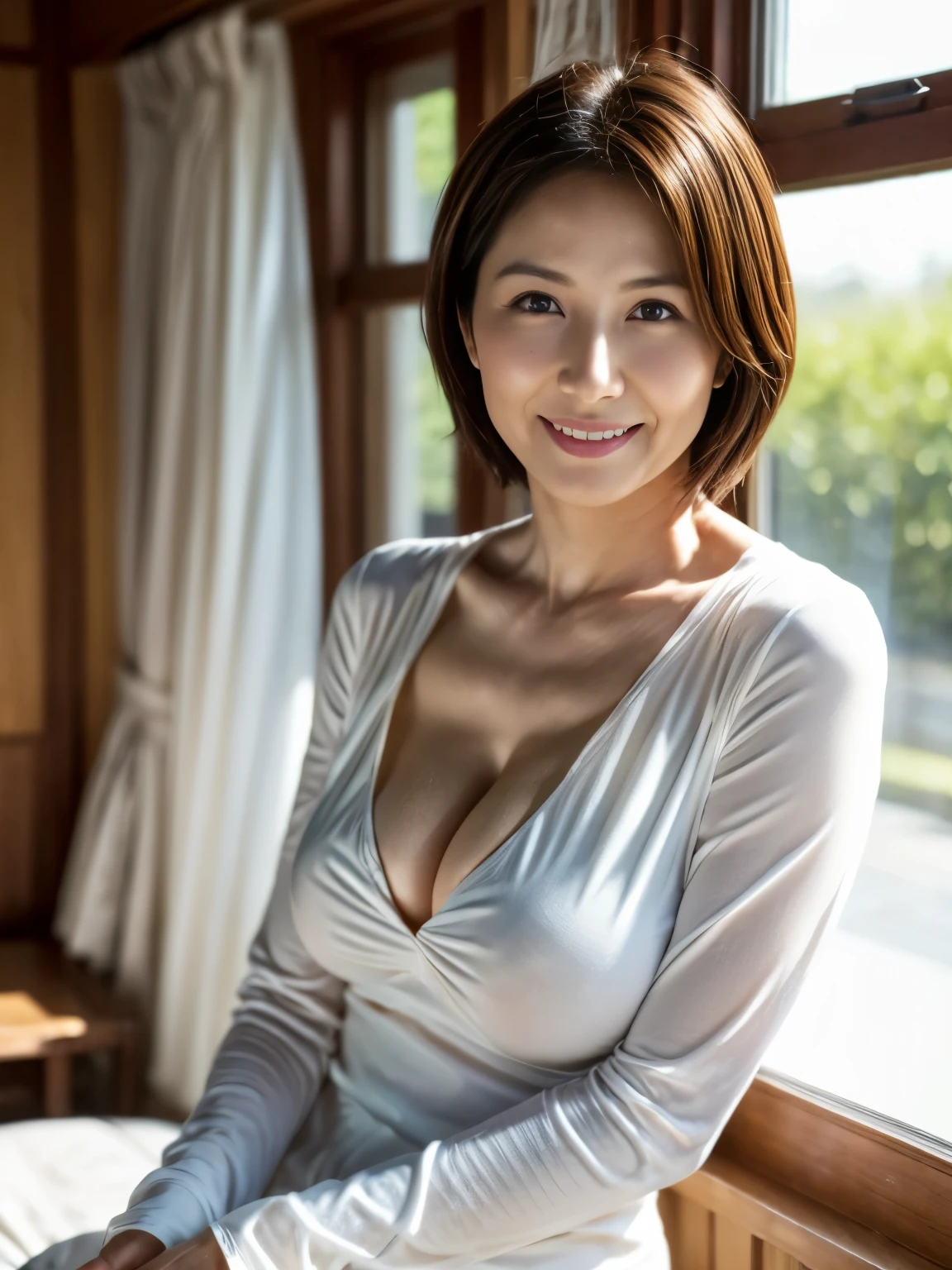 50-year-old woman、Japanese、Classy sex appeal、sexy、Transparent skin、Beautiful breasts high quality、perfect writing、Beauty、Beautiful butt high quality、Radiant Skin、Transparent beauty、Goddess of Eros、8K High Resolution、beauty in natural light、High resolution、Photorealistic、Fair skin、Masterpiece、Moist eyes、Saggy udder、gravure quality、smile、Wearing a long-sleeved top、Background Window、