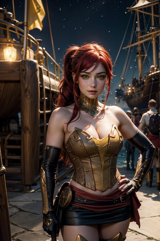 stunning girlfriend, heart shaped face, elegant face, beautiful face, highly detailed face, highly detailed skin, skin pores, subsurface scattering, realistic pupils, full lips, detailed background, depth of field, atmospheric perspective, volumetric lighting, sharp focus, absurdres, realistic proportions, good anatomy, (realistic, hyperrealistic:1.4), 16k hdr, ((best quality)), ((highly detailed)), absurdres, (detailed eyes, deep eyes), (1girl), full body, pyrrha nikos, rwby, red hair, ponytail, green eyes, medium breasts, smiling, circlet, bustier, bare shoulders, skirt, elbow gloves, bracers, armored boots, night, stars, on deck of pirate ship, galleon, sails, sea, crew, (crew wearing traditional Greek robes))