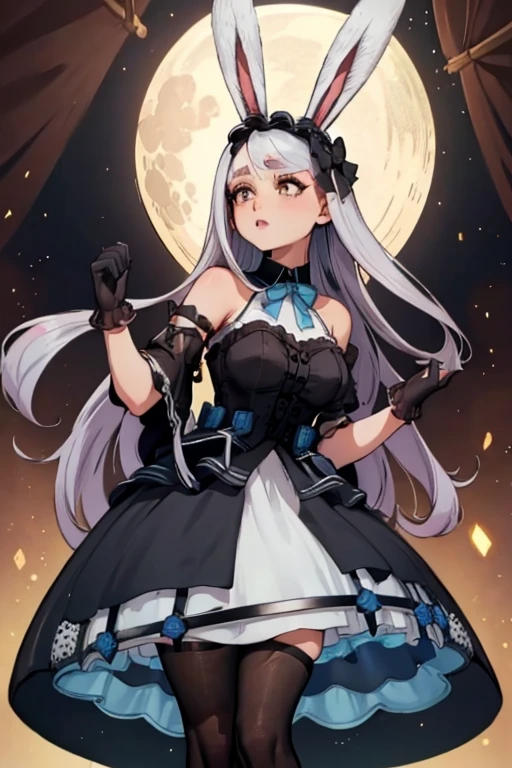 A black haired woman with brown eyes with an hourglass figure with black bunny ears in a cute lolita is standing in front of a full moon