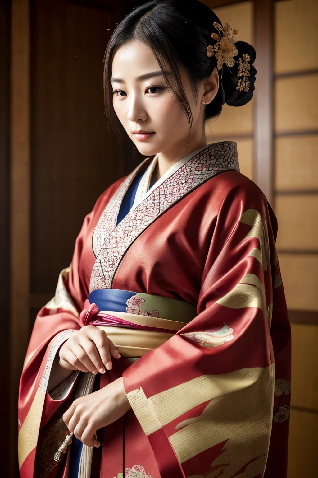kimono, obi, (8k, RAW photo, best quality, masterpiece: 1.2), (realistic: 1.6), (masterpiece), (best quality: 1.0), (ultra hi-res: 1.0), detail, 40s, one, detail beautiful skin, detail room, ,realistic skin