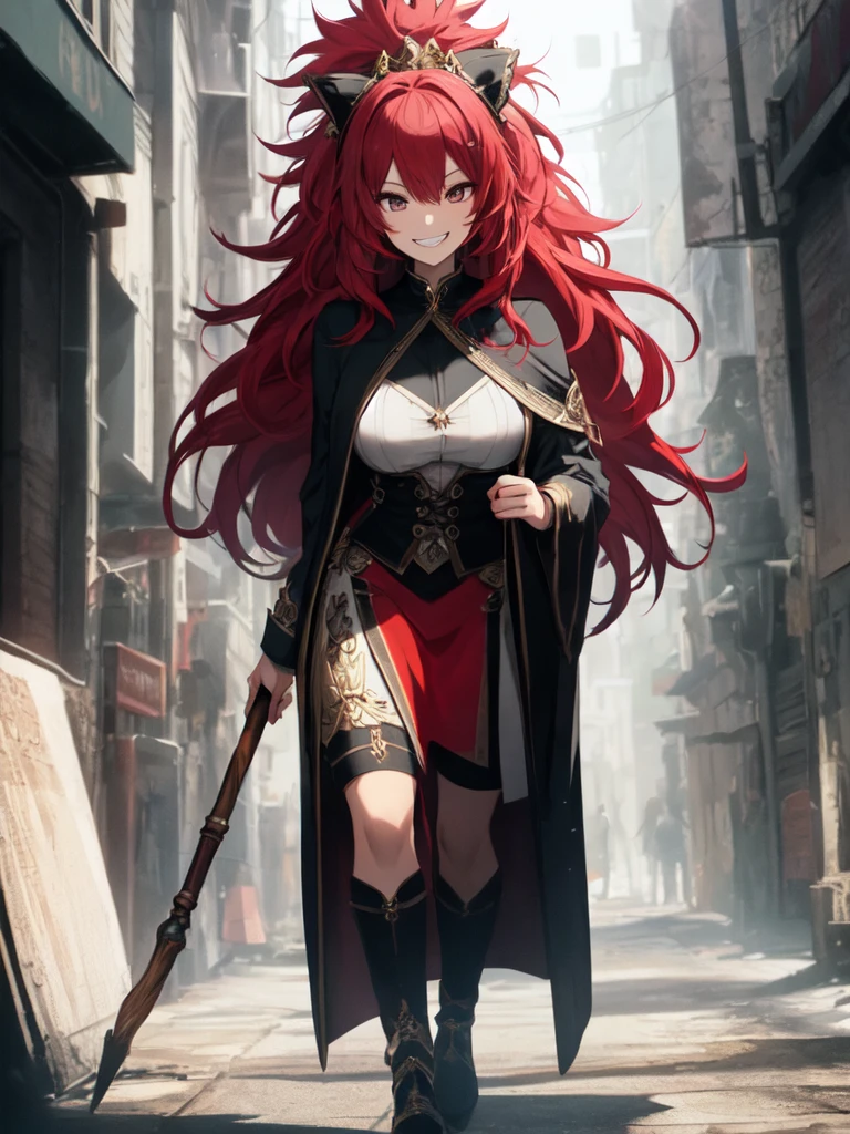 (best quality),(ultra detailed),(extremely detailed),(absolutely resolution) ,absurdres,8k, 1girl,full body,  wizard, holding magician's staff, grin, ultra detailed eyes, long hair, messy hair, (red hair:1.2), 