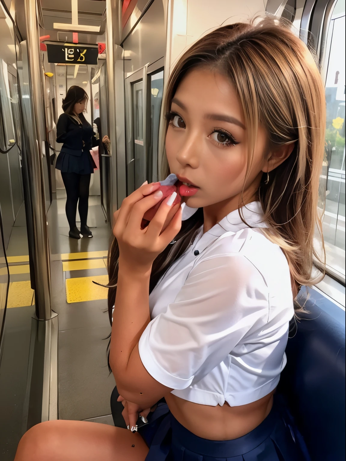 ((Open your mouth:1.2)),((Blowjob:1.5)),grasp、、A high school girl gets her butt grabbed on the train、Pleated skirt、beautiful girl1people々々々、between people々々々3people々々々、Grab me by the buttocks、Touching my butt on the train、(mini skirt、Upturned buttocks、Fair skin、cute、Embarrassing、Super beautiful people々々々、Inverted up、she gets on all fours, Stick your big butt out to the viewer.、Looking at the audience、Sexy silhouette)