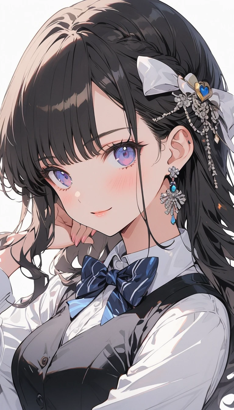 (highest quality、masterpiece、High resolution、detailed)Anime Style、flat style、(detailedな目、Beautiful Face),  1girl,
BREAK
//Fashions 
Vintage Chic,
Create a retro-inspired look with a vintage chic costume featuring a bow tie and suspenders, Start with a tailored vest or waistcoat in a classic color like black, navy blue, or charcoal gray, Pair it with high-waisted trousers or a pencil skirt for a polished silhouette, Add a crisp white button-down shirt and accessorize with a colorful bow tie for a pop of personality, 
BREAK
Layer on a pair of matching suspenders for a stylish and functional touch, Complete the ensemble with polished oxford shoes or loafers and style your hair in soft waves or a sleek updo, This vintage-inspired costume is perfect for themed parties or cosplay events, channeling the timeless elegance of old Hollywood glamour,
BREAK