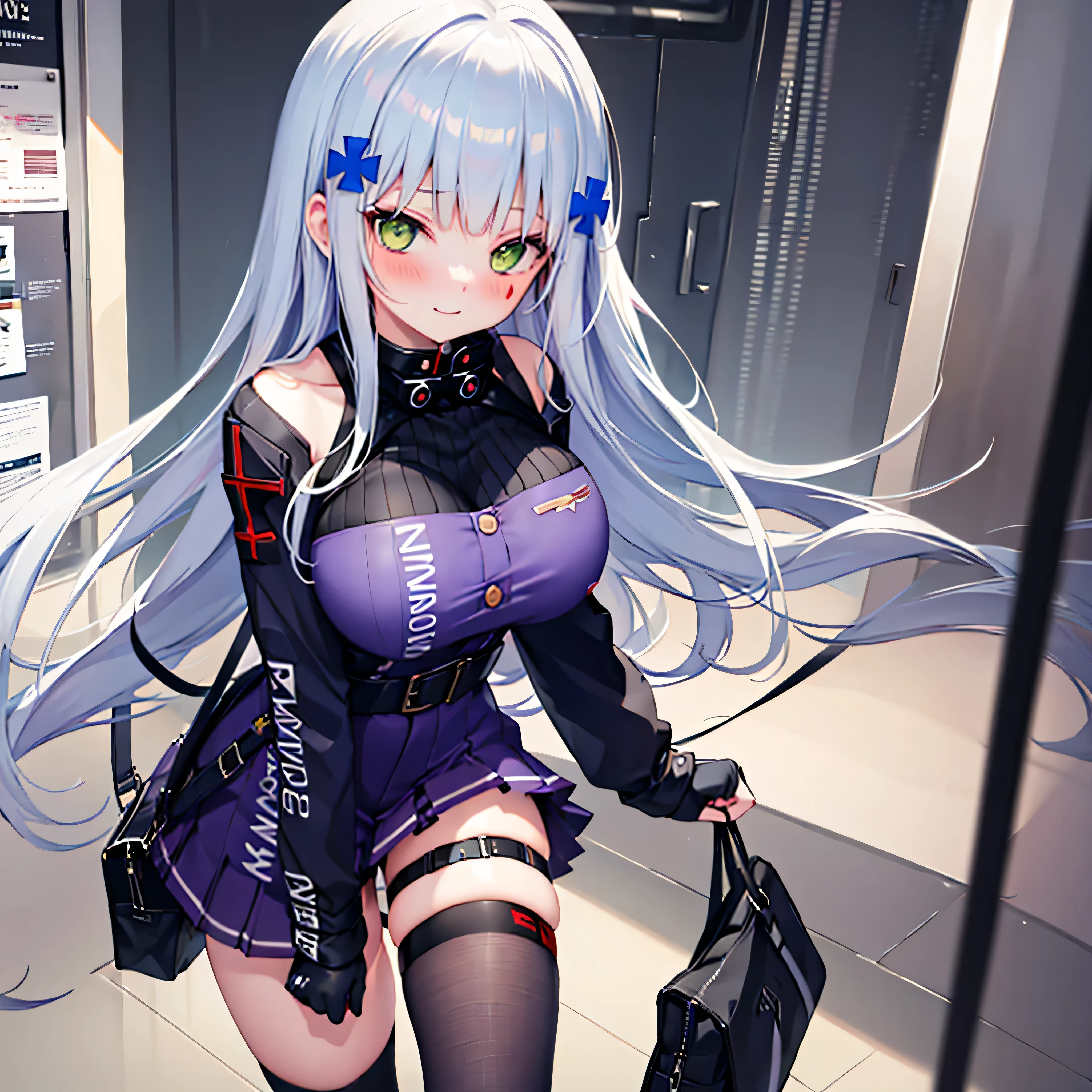 (solo), (416_GirlsFrontline), skinny girl, BREAK, (bursting huge breasts:1.2), narrow shoulders, narrow waist, skinny long legs, BREAK, (dark purple jacket), (very short high-waist skirt), thigh gap, (black thighhighs), BREAK, smile for viewer, embarrassed, nose blush, orgasm