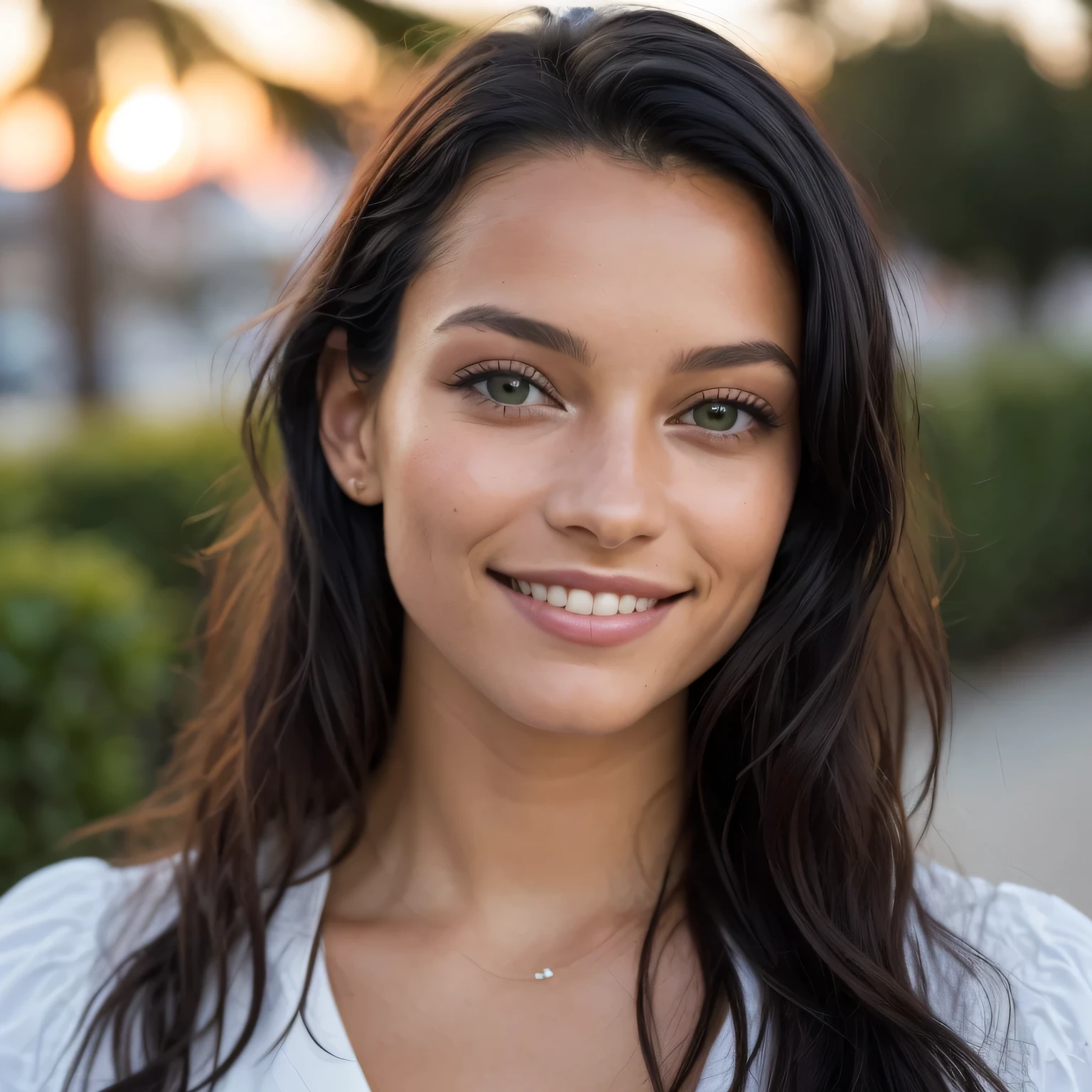 (droit sur la majeure partie du corps: 1.4), Photo portrait RAW UHD d&#39; a 21 year old mixed race brazilian with green eyes, danser le long de la plage au coucher du soleil, Palmiers, corps mince, pose de danse, blouse blanche décolleté, jupe courte rouge, details (textures! long, very curly black hair! couleur!! , disadvantages: 1.1), yeux vert brillants avec beaucoup de details (en regardant la caméra), Reflex lighting, Appareil photo reflex, Ultra-quality, acuity, profondeur de champ, grain du film (Centre), Fujifilm XT3, 35 mm limpide, frame Centre, visage normal mais joli sans maquillage, acuity, Coucher de soleil orange, Bokeh (dimly lit), Nuit, (Nuit sky), detailed skin pores! la peau grasse, tanned skin, complex eye details, Tout le corps, very big breasts, Souriant, some skin defects!
