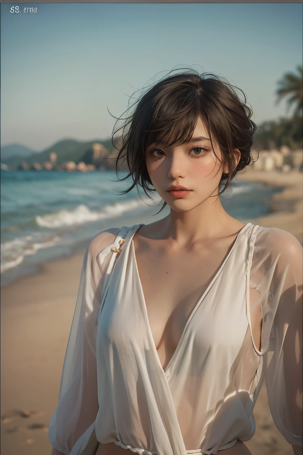 Araped woman with short hair, No makeup, without makeup, Centrally separated curtain bangs, Profile picture, Use Instagram Filters, Subtle soft and dim light, Pose looking back at the beach, sandy beach, tide, perfect face, julia sardinian, perfect hands, Random Actions, emerald sea, clear sky, Full-body view,