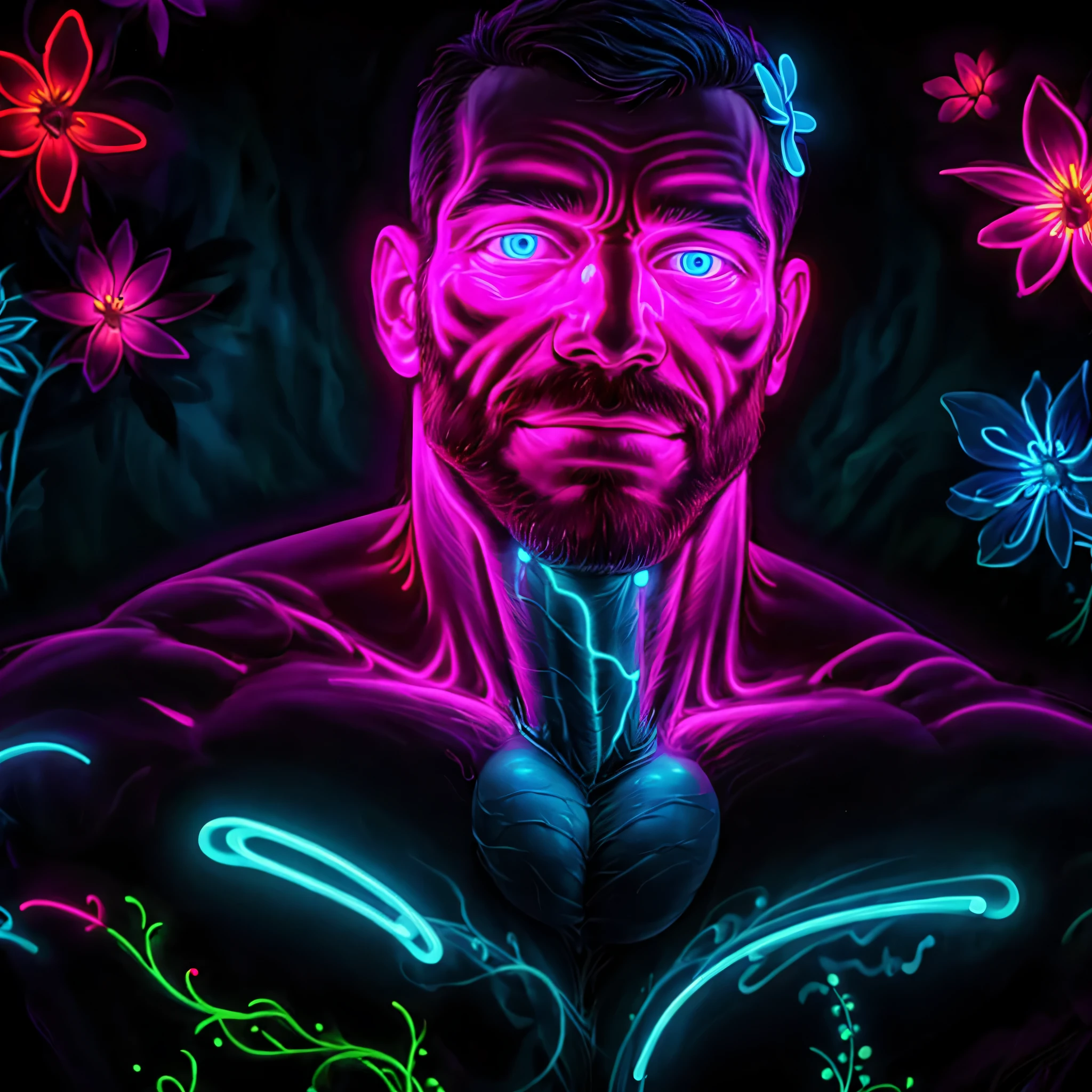 ((full body)), naked sexy muscle man good erected penis  and TESTICLES , masterpiece, best quality:1.2, Blacklight Face and Body Paint Neon Fluorescent body art, ((naked)),((nsfw)), blacklight, fantasy flowers background, neon_outlines
