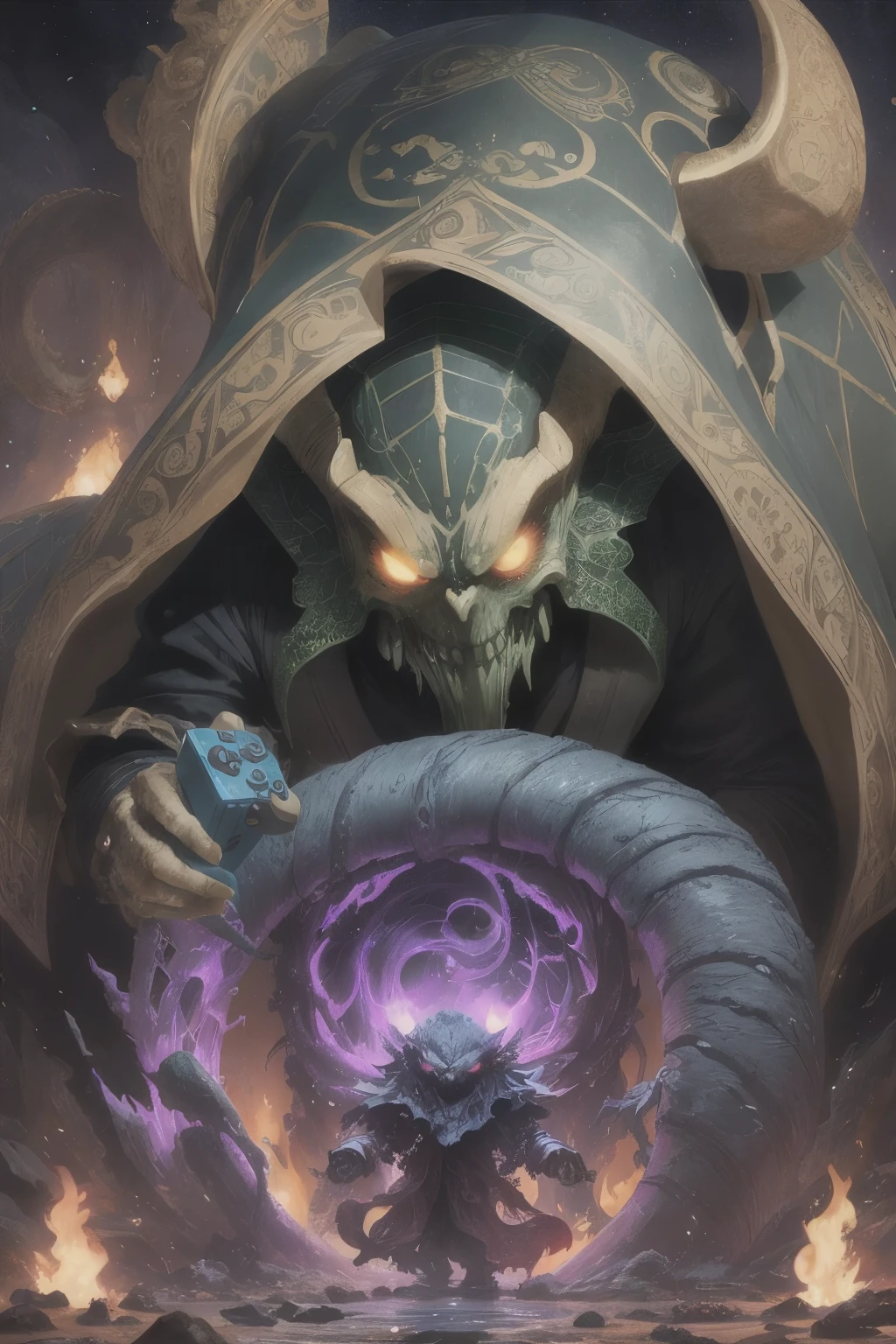Cthulu, the eldritch god of the deep sea, transformed into a gamer, clutches a sleek PS5 controller in his massive, tentacled hands. --s2

(eldritch god:1.1, gamer:1.5, holding:1.0, PS5 controller:1.3)

The monstrous figure, with its bulbous head and beady eyes, is engrossed in the immersive gaming experience, oblivious to the outer world. --s2

(monstrous figure:1.1, beady eyes:1.4, immersive gaming experience:1.3, oblivious
