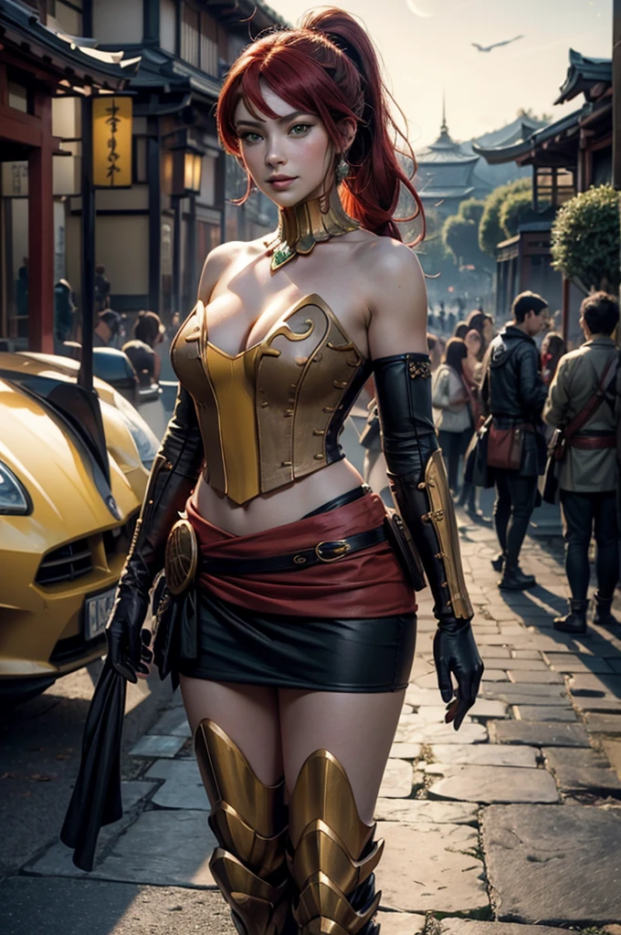 stunning girlfriend, heart shaped face, elegant face, beautiful face, highly detailed face, highly detailed skin, skin pores, subsurface scattering, realistic pupils, full lips, detailed background, depth of field, atmospheric perspective, volumetric lighting, sharp focus, absurdres, realistic proportions, good anatomy, (realistic, hyperrealistic:1.4), 16k hdr, ((best quality)), ((highly detailed)), absurdres, (detailed eyes, deep eyes), (1girl), full body, pyrrha nikos, rwby, red hair, ponytail, green eyes, medium breasts, smiling, circlet, bustier, bare shoulders, skirt, elbow gloves, bracers, armored boots,standing, japan, in courtyard, ancient Japan, night, stars, moon, ancient architecture, east_asian_architecture, (crowd wearing traditional japanese clothing)