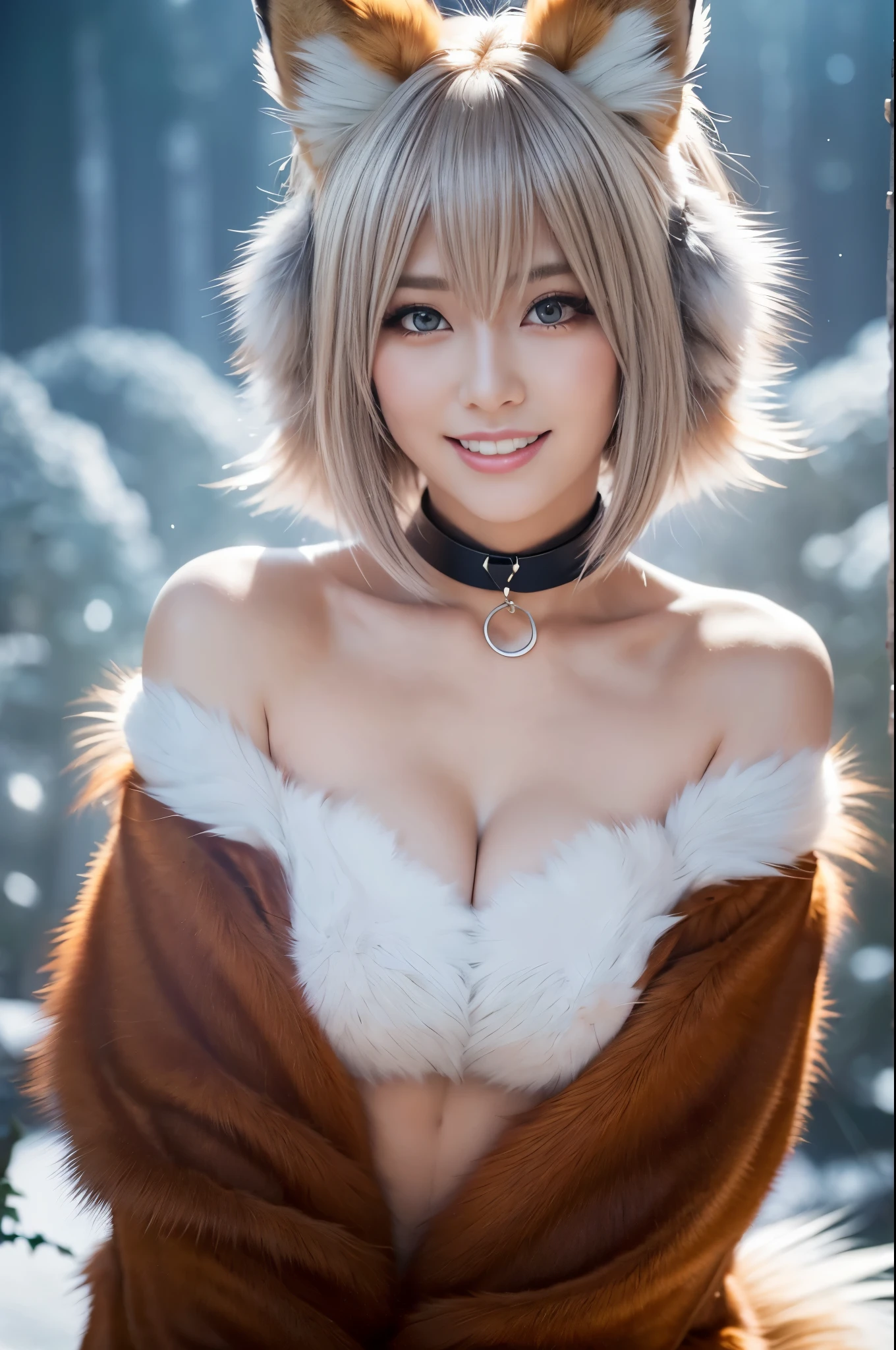 sexy swedish model, (-anime), only 1 model, very short hair, beautiful smile, lipgloss, long lashes, defined eyebrows, long fur fox color scheme, ((long fur fox cosplay)), fox ears, fox tail, fox choker, look at the camera, cinematic light, (sparkling long fur background), sweet and sexy pose