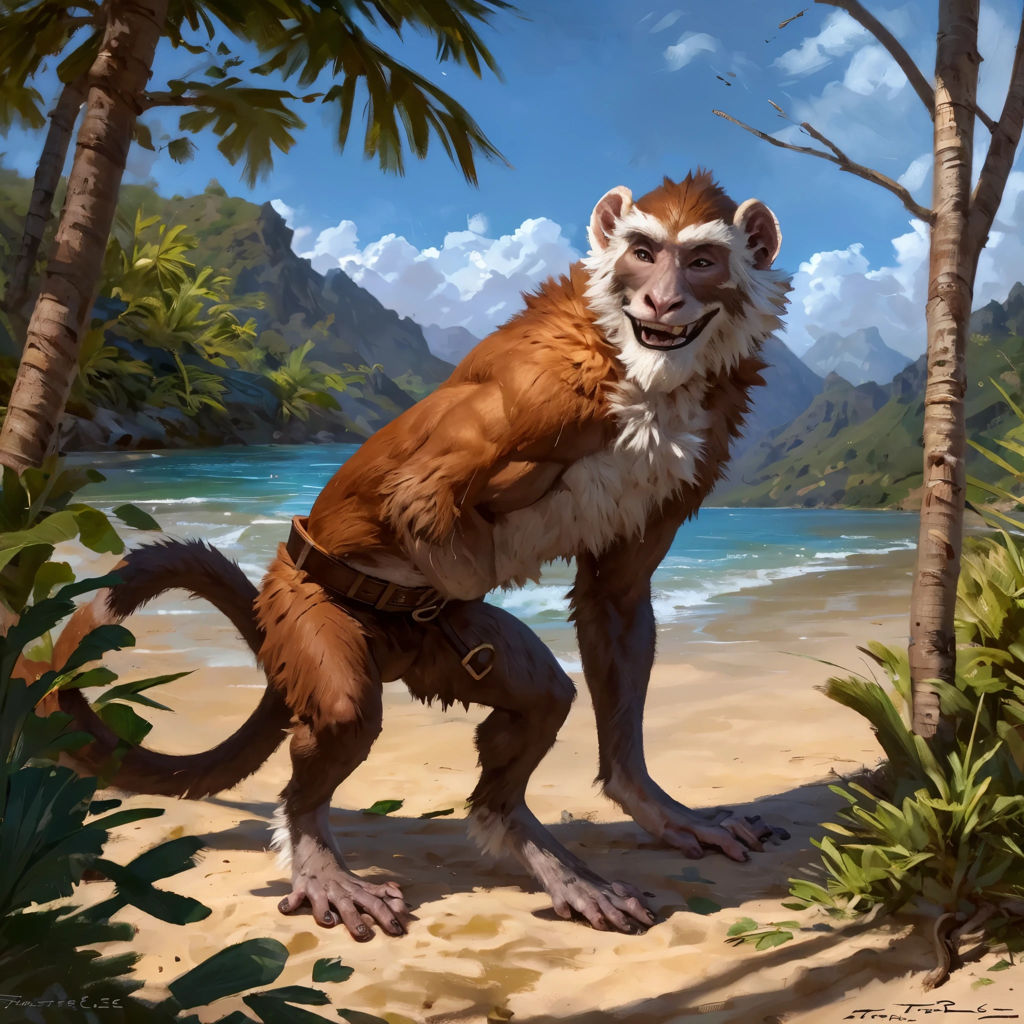 (by monsterbulge), (by Taran Fiddler), Patas Monkey, solo, feral monkey, male, belt, gold spear, beach, trees, sand, small, short legs, skinny body, slender, slim mustache, thick eyebrows, prehensile primate feet, monkey tail, white mustache, grey face, grey hands, ineffective clothing, orange fur, white fur, feral animal, laughing, pulling up belt, water, wet