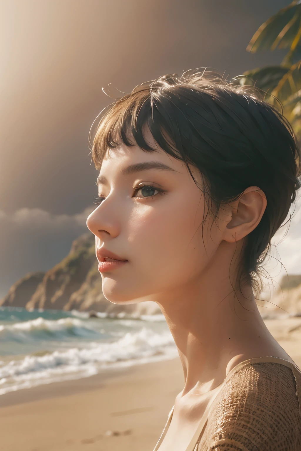 Araped woman with short hair, No makeup, without makeup, Centrally separated curtain bangs, Profile picture, Use Instagram Filters, Subtle soft and dim light, Pose looking back at the beach, sandy beach, tide, perfect face, julia sardinian, perfect hands, Random Actions, emerald sea, clear sky, Full-body view,