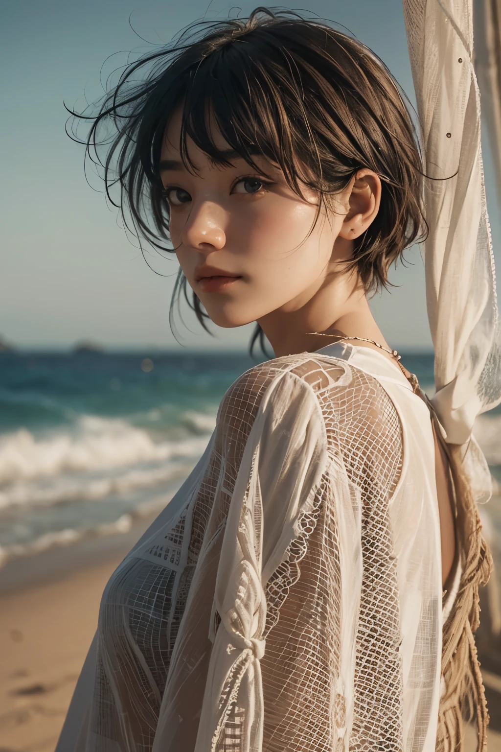 Araped woman with short hair, No makeup, without makeup, Centrally separated curtain bangs, Profile picture, Use Instagram Filters, Subtle soft and dim light, Pose looking back at the beach, sandy beach, tide, perfect face, julia sardinian, perfect hands, Random Actions, emerald sea, clear sky, Full-body view,