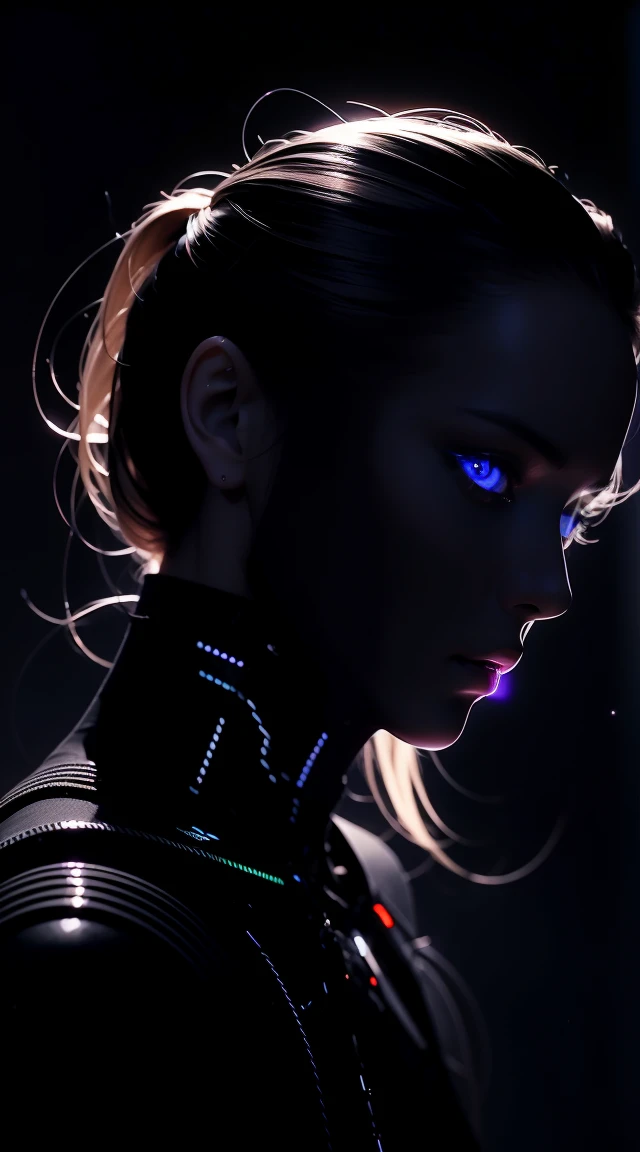 (extremely detailed, masterpiece, best quality), intense illumination, young blonde woman inside cyberpunk exoskeleton. neon lights, ((dark black background:1.4))