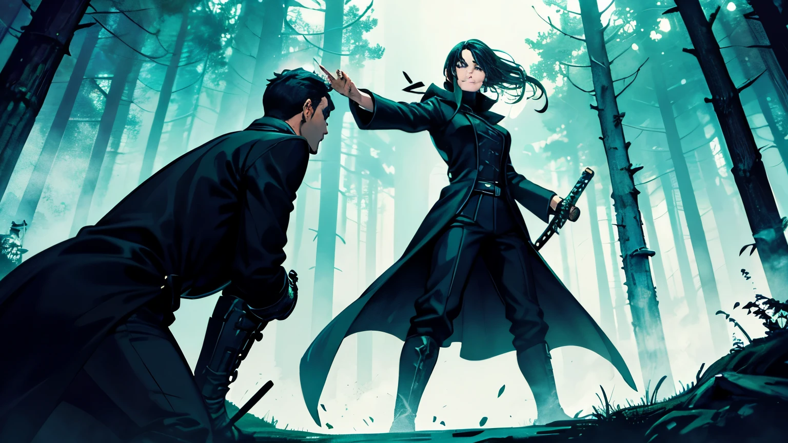 In the foreground a man in a black overcoat holding a sword, in the background a woman holding a whip, in front of them a turquoise green portal spirits come out, in a dense forest