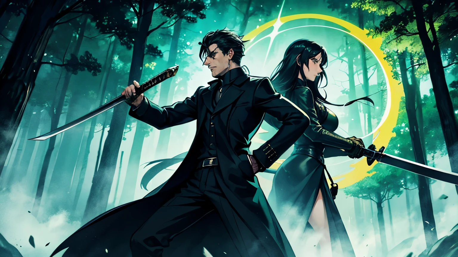 In the foreground a man in a black overcoat holding a sword, in the background a woman holding a whip, in front of them a turquoise green portal spirits come out, in a dense forest