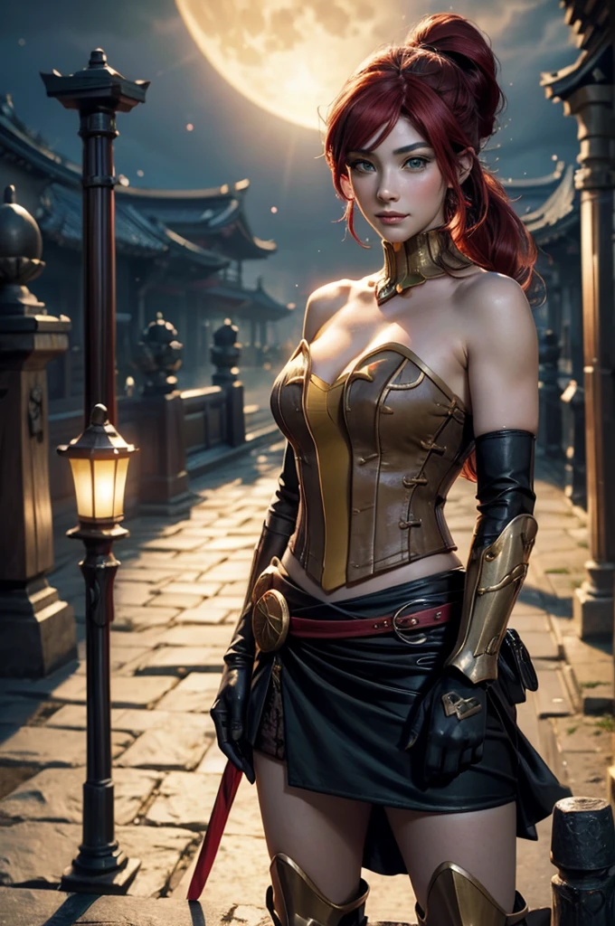 stunning girlfriend, heart shaped face, elegant face, beautiful face, highly detailed face, highly detailed skin, skin pores, subsurface scattering, realistic pupils, full lips, detailed background, depth of field, atmospheric perspective, volumetric lighting, sharp focus, absurdres, realistic proportions, good anatomy, (realistic, hyperrealistic:1.4), 16k hdr, ((best quality)), ((highly detailed)), absurdres, (detailed eyes, deep eyes), (1girl), full body, pyrrha nikos, rwby, red hair, ponytail, green eyes, medium breasts, smiling, circlet, bustier, bare shoulders, skirt, elbow gloves, bracers, armored boots,standing, japan, in courtyard, ancient Japan, night, stars, moon, ancient architecture, east_asian_architecture, (crowd wearing traditional japanese clothing)