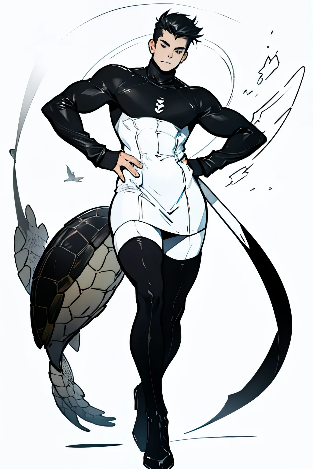 boy, turtle neck black, long white air,long black stockings,slim,with curves.