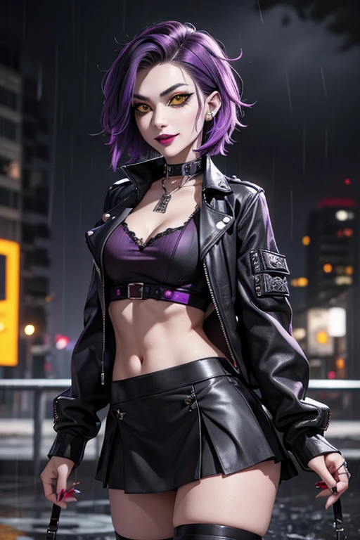 Beautiful vampire, short rocker style hair, yellow eyes with punk style makeup, purple lipstick, wearing a gray blouse and short skirt, with a punk style jacket, showing her defined abdomen, charming smile, in the night city with soft rain