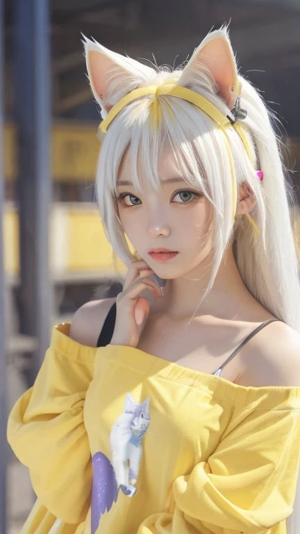masterpiece, 4K, highest quality, bokeh, enlightenment:1.4 ,1 perfect portrait of a girl, Colorful hair, Colourful hair, (Yellow+white soft hair:1.6), Gray eyes,(Cat ears:1.3), Neon Yellow background, exposed bare shoulders, long-term alienation_sleeve, lean forward a little, shy, head tilt ,movie lighting,oversized clothes, (seductive pose:1.3),