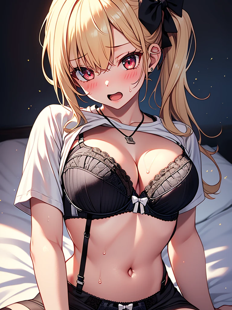 (highest quality, High resolution, perfect pixel, Depth of bounds written, 4K), (high angle:1.5), bed, (upper body:1.2), detailed eyes, (1 girl), perfect body, medium breasts, blond hair, (side ponytail), (white t-shirt lift:1.5), (show off black bow bra:1.5), (v-neck), (black suspender skirt), necklace, (kneehighs), bellybutton, (wize), open legs, (arms up), blush, surprised, open mouth, wet,