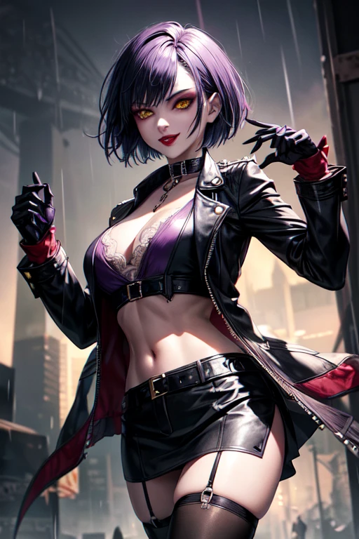 Beautiful vampire, short hair like Lady from Devil May Cry, yellow eyes with punk style makeup, purple lipstick, wearing gray blouse and short skirt, with punk style jacket, showing her defined abdomen, charming smile, in the night city with soft rain