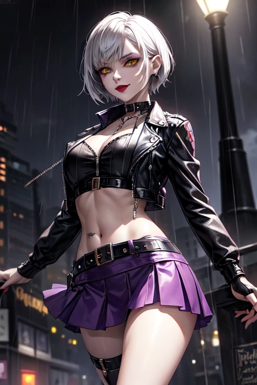 Beautiful vampire, short hair like Lady from Devil May Cry, yellow eyes with punk style makeup, purple lipstick, wearing gray blouse and short skirt, with punk style jacket, showing her defined abdomen, charming smile, in the night city with soft rain