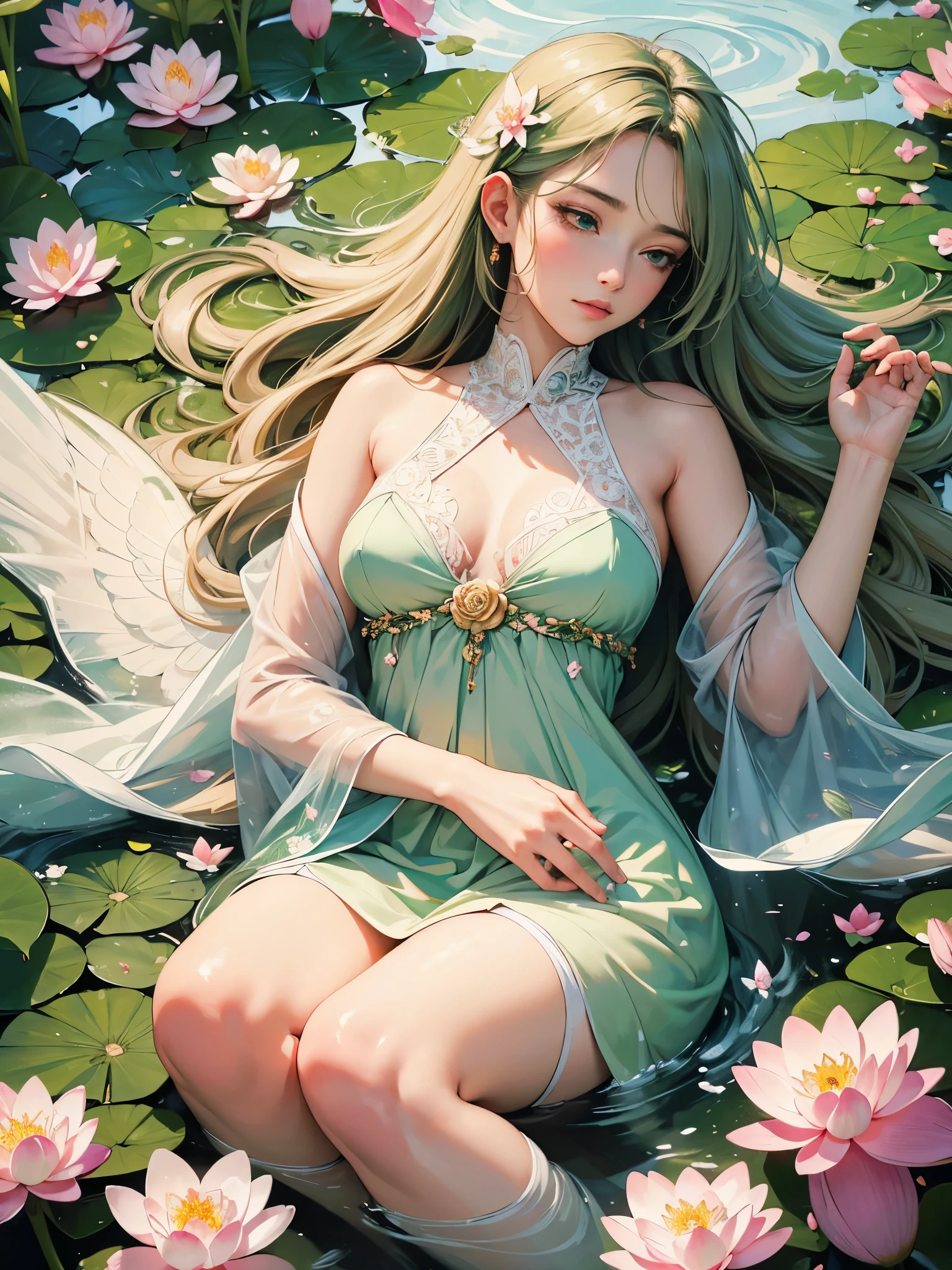(highres,masterpiece:1.2), surreal image, beautiful detailed face, woman with long flowing hair, tranquil expression, mother nature, gentle touch, vibrant green garden, soft natural lighting, colorful butterflies, delicate white doves flying, blooming lotus flowers, falling cherry blossom petals, intricate details, ethereal atmosphere