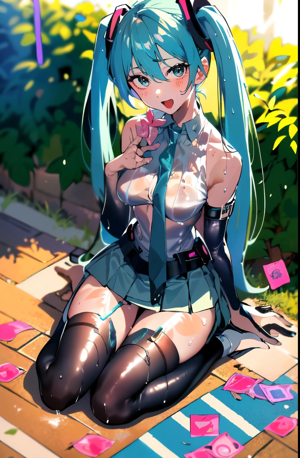 masterpiece, Great, Great, 1 girl, Blue eyes, shirt, pleated skirt, medium breasts, sort, (( wet, holding a condom in your hands, condom on the chest, sitting on the ground, money on earth)), open mouth, mouth full of cum, cushot, after sex,, fellatio gesture, cum, slave, slut, hatsune miku