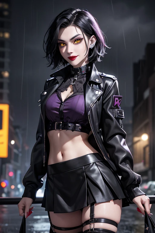 Beautiful vampire, short black rocker style hair, yellow eyes with punk style makeup, purple lipstick, wearing a gray blouse and short skirt, with a punk style jacket, showing her defined abdomen, charming smile, in the night city with soft rain