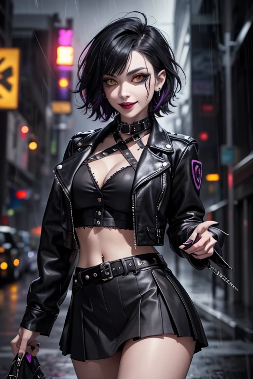 Beautiful vampire, short black rocker style hair, yellow eyes with punk style makeup, purple lipstick, wearing a gray blouse and short skirt, with a punk style jacket, showing her defined abdomen, charming smile, in the night city with soft rain