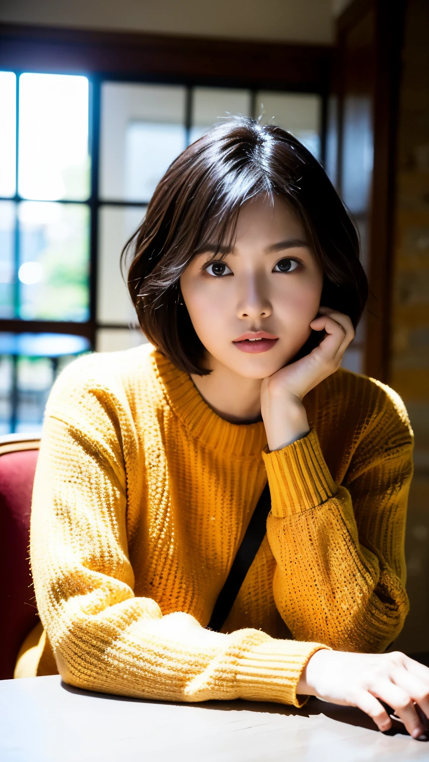 (highest quality, 8k, 32k, Tabletop, Hmph: 1.2), Japanese Beauty, big, Very Short Hair, Upper Body, Face Focus, sweater, background, View your viewers
