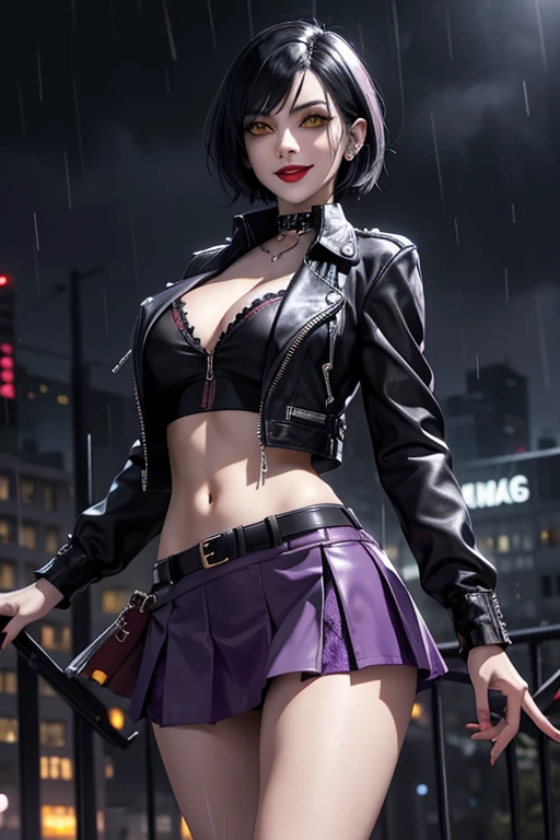 Beautiful vampire, black short hair like Lady from Devil May Cry, yellow eyes with punk style makeup, purple lipstick, wearing gray blouse and short skirt, with punk style jacket, showing her defined abdomen, charming smile, in the night city with soft rain