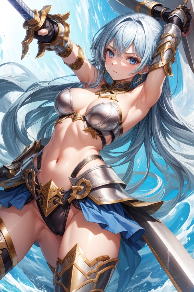 A female swordsman wearing shiny metallic steel armor.、Armpit、belly button、Thighs、