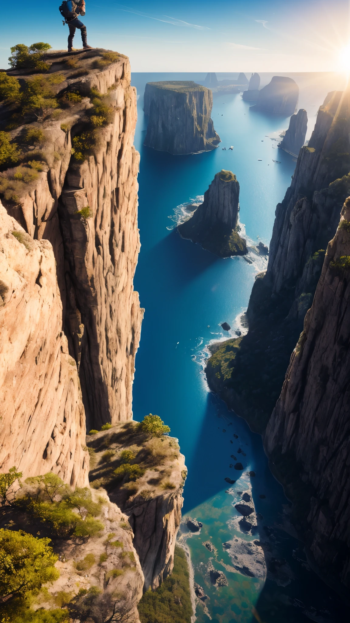With high definition images, capture the thrilling moment of Sylvester Stallone, wearing light clothing, free climbing a towering cliff in the expansive blue sky. The scene boasts an intricate texture, showcasing every crevice and crack on the rocky surface, reflecting the rays of sunlight that filter through the clear, cloudless sky. The vivid colors pop against the stark nature of the cliff, making for a breathtaking and dramatic cinematic masterpiece reminiscent of a Movie Cliffhanger. (High-resolution CG unity 8k wallpaper, masterpiece, extremely detailed, best shadows, dynamic angles, beautiful detail glow)