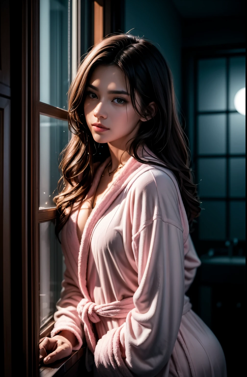 8K, masterpiece, RAW photos, best quality, Practical, extremely detailed CG unity 8K wallpaper, Depth of Field, Movie Lighting, lens flare, Ray Tracing, (Very beautiful face, Beautiful lips, beautiful eyes), A face with intricate details, ((Highly refined skin)) 1 female, in the darkness, Deep Shadows, Beautiful Asian girl, Idol,(Very slim, Slender figure、muscular.:1.3), ((Looking at the audience)),(A bright smile:1.3), (city View, Blurred background), (Rush Wright, roof, balcony), pretty Woman, earrings, bracelet, necklace, Clear eyes, walk , front Photo, (Pale skin), forward, (big eyes), ((full-body shot)), ((Black silk)), ((Transparent red dressing gown:1.3)), (Brown hair) (Looking at the audience:1.3), Open the chest, Open your belly button, Medium chest, shine , (see through, Pink pajamas :1.3), balcony, (naked), (bud), turn around, ((Back))