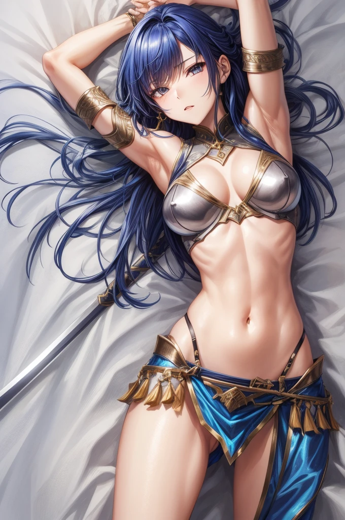 A female swordsman wearing shiny metallic steel armor.、Armpit、belly button、Thighs、