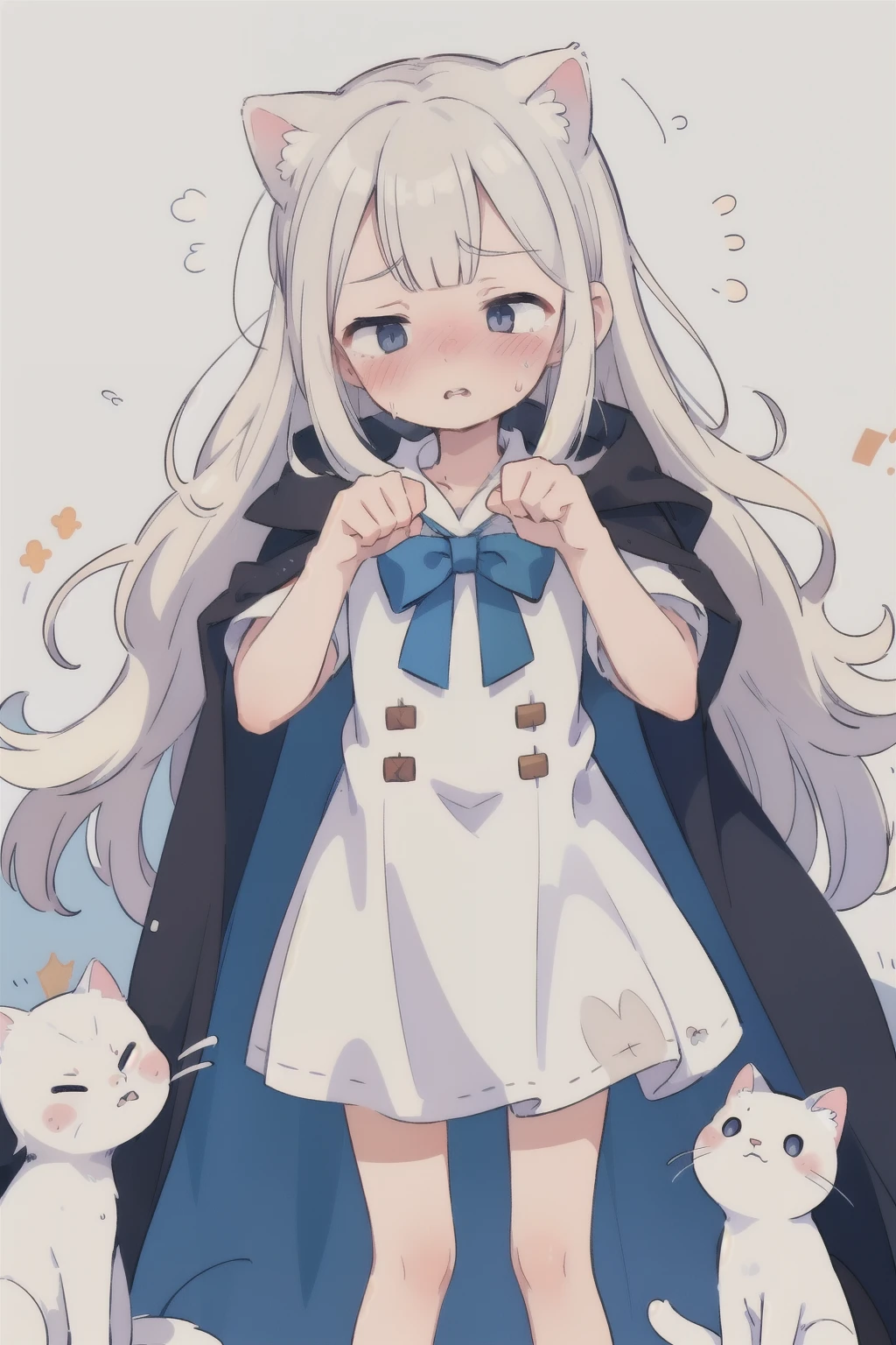(8K, best quality, master piece: 1.2), super high resolution,,Depth of written boundary,beautiful,OK, solo,ultra-detailed face,Graphic of a white cat girl dress on a dark background,Very cute girl,strong facial expression,(sharp eye:1.2),(scowl:1.1), (embarrassed,blush:1.3),,(steam:0.8),(wet:0.8),(sweat:0.8),(trembling:1.3),(parted lips:1.3),(harf open eyes:1.4),(feeling weak:1.5)Long Hair,cape coat,paw pose,Tunnel