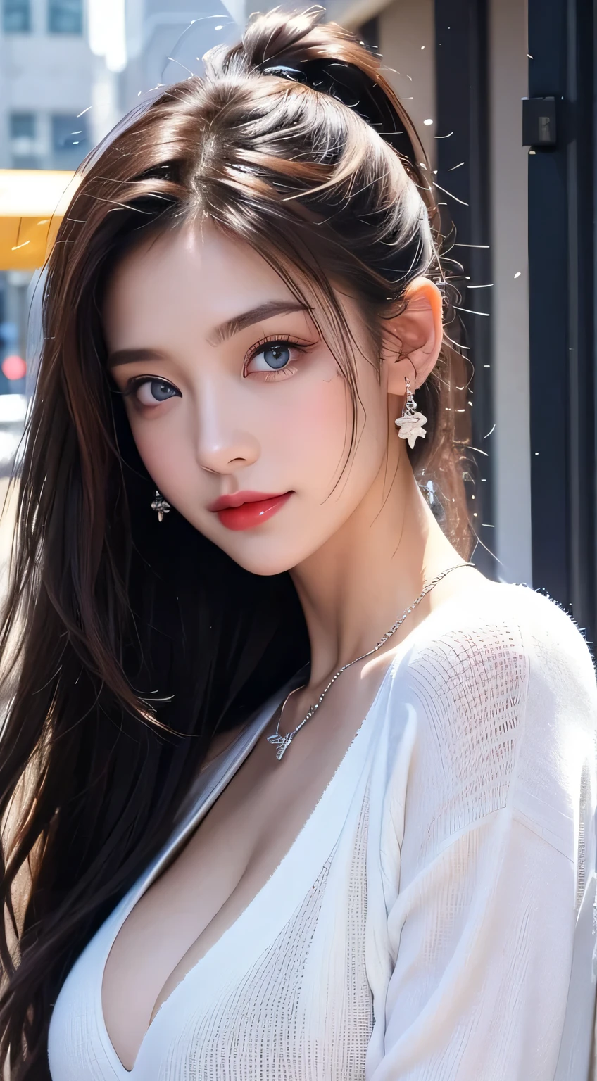 Urban beautiful girl college student, masterpiece, light makeup, Red lips, Silver Hair, Disheveled long hair, Street background, beautiful, elegant. Extremely fine detail, Master Works, Authentic texture, Realism in film lighting, Perfect job, 16k, hd, exquisite features,blue eyes、Japanese Idols、Beautiful face、Cute Smile、brown hair、beautiful hair、ponytail、glamorous、 Big Breasts、Erect nipples、Greasy muscle、Shiny skin、Sunburned skin、Shining black skin、Sexy knitted sweaters, Bright big eyes, Smooth skin, Earrings, necklace, tattoo、show off nipples under white shirt