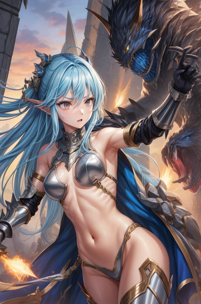 A female swordsman wearing shiny metallic steel armor.、Armpit、belly button、Thighs、Fighting monsters in a dungeon