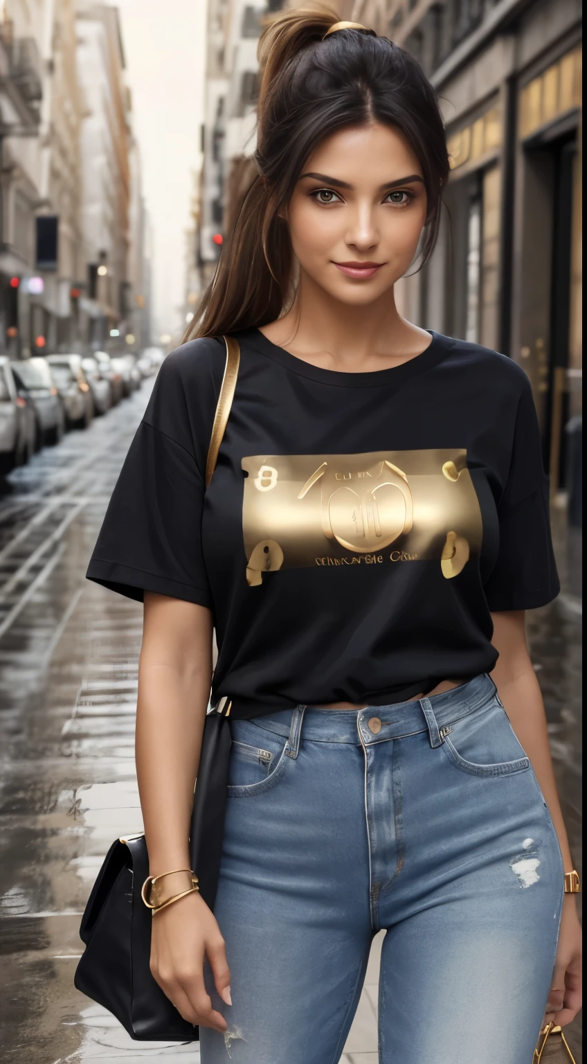 ((highest quality, 8k, masterpiece:1.3)), concentrated: 1.2, Perfect body beauty: 1.4, View from the front1.2, ((Long Hair)), (Dark grey round neck plain T-shirt:1.1) , (Rainy Street:1.3), Blue skinny ripped jeans : 1.1, Highly detailed face and skin texture, Detailed black eyes, double eyelid, Toned body, White skin, smile, Black-haired, High heels, Perfect legs, Firm breasts, Something sturdy, looking at the camera, Fashion shooting style, Carrying a brown handbag, Full-length T-shirt, Short sleeve, Ill-fitting T-shirts, ponytail, Fashion Hand Bangle, Gold Bracelets, Gold Apple Watch, Regular Fit T-Shirt, Yellow textile in the background