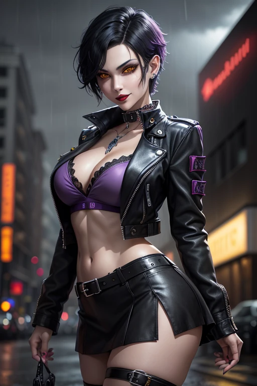 (8k,Masseter muscle area:1.2、Highest quality)、(Live Action、Intricate details)、(One person、solo、Upper body、Huge boobs) Cyberpunk black person costume、charm的 Avant-garde、Experimental Appearance: blue mohawk hair、Realistic Skin Dramatic makeup、: charm的,Sexy Costumes,Shorts,Counter、provocative Location: Urban Arts District、Laughter Hobbies of the underground music scene: Attend a punk show、Create mixed media art、Experiment with the values of different subcultures: personality、credibility、Inspiration for creative expression: Punk Rock Music、A symbol of counter culture、avant-garde art movements Personality traits: Boldness、Boldness、Unconventional。Beautiful expression charm (Realistic Skin) Ultra-high resolution Surreal Advanced Details Purple Earrings Split Avemar Paladin woman,Surrealな肌,A look of pleasure,Top View,Rich colors, Backlight, Cinema Lighting, Film Grain, 50mm lens, Nikon D850,Ultra-high resolution,Ultra-realistic,Compensate,Super sexy,Show large cleavage,Dynamic sexy pose,Big smile,Put your chest close,slouch,