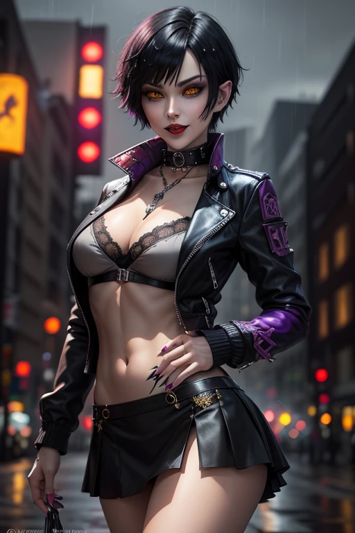 Beautiful vampire, black short hair like Lady from Devil May Cry, yellow eyes with punk style makeup, purple lipstick, wearing gray blouse and short skirt, with punk style jacket, showing her defined abdomen, charming smile, in the night city with soft rain