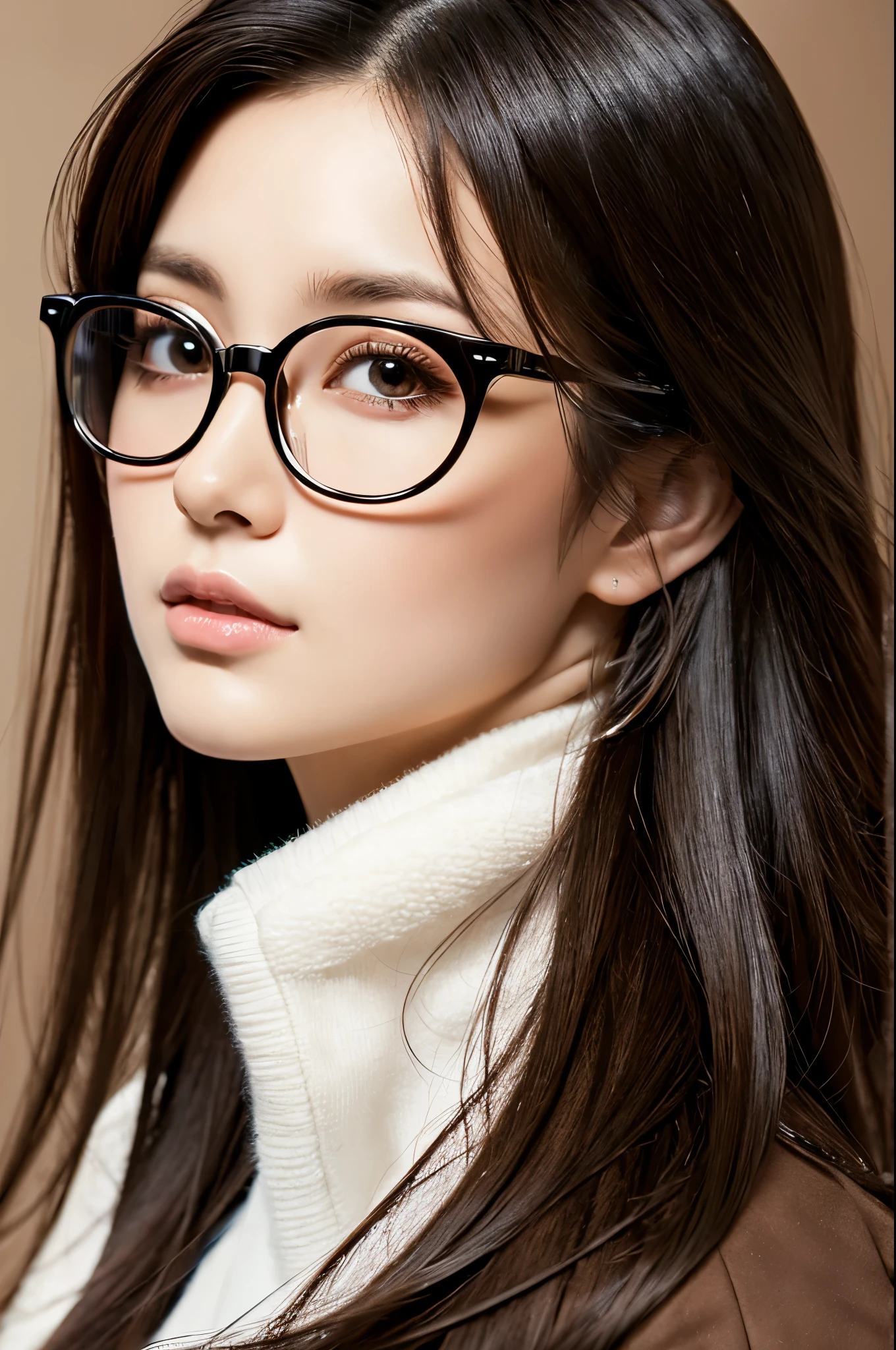 masterpiece, highest quality, Official Art, Highly detailed 8k Highly detailed, Japanese anime、intellectual、woman、20th Generation、Beauty、A dignified expression、profile、Glasses、long hair、Black Hair、Brown eyes、White background、one person