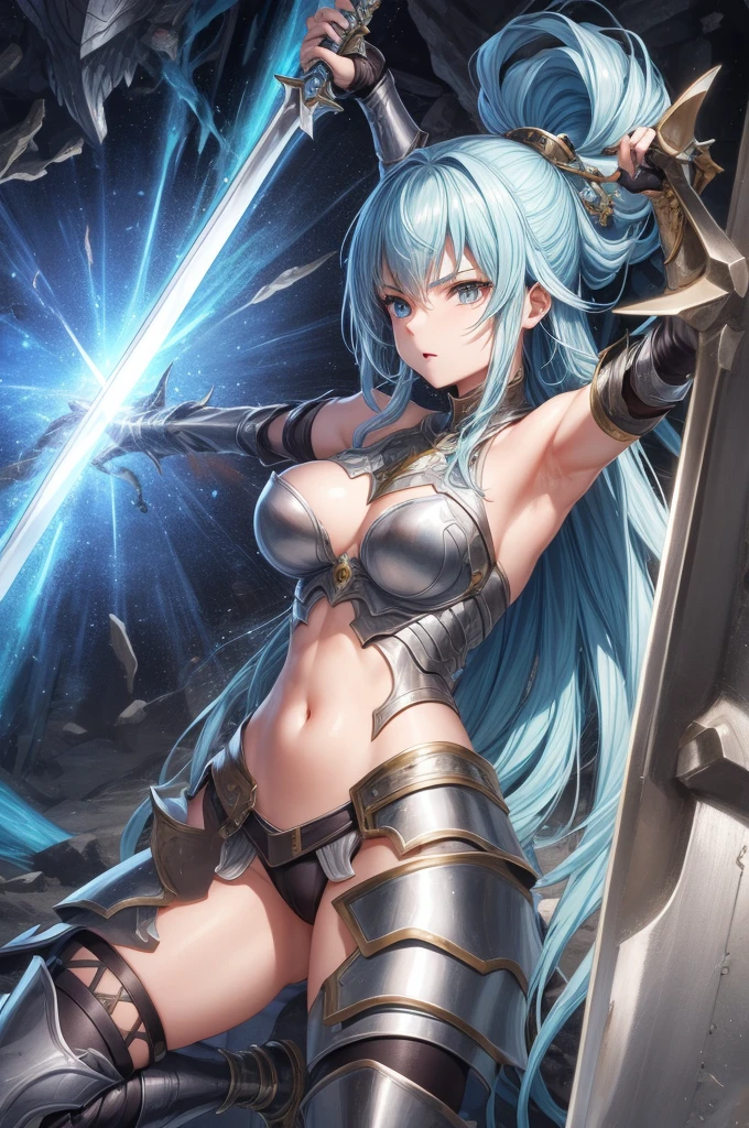 A female swordsman wearing shiny metallic steel armor.、Armpit、belly button、Thighs、Fighting monsters in a dungeon、Sword in right hand、shield in left hand