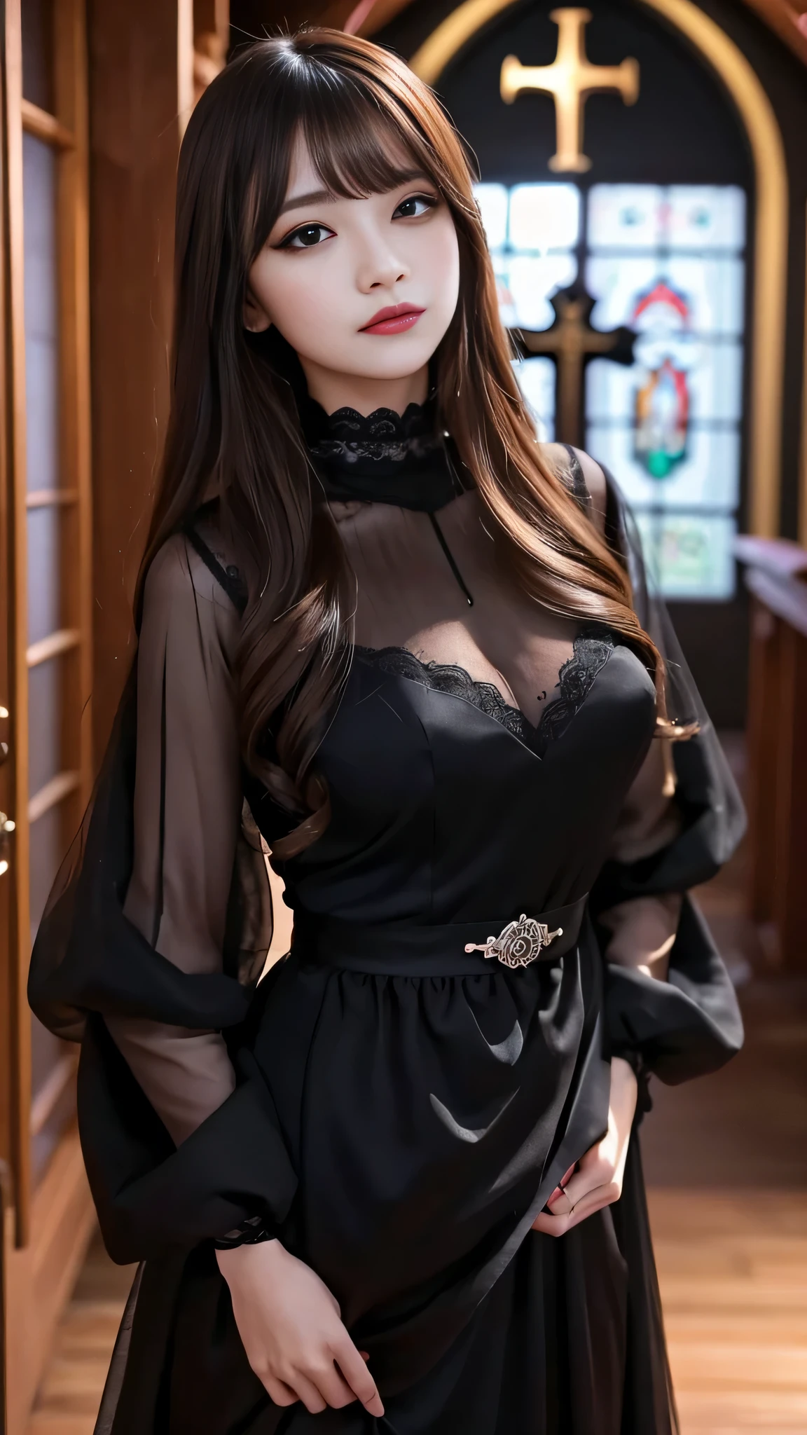 tra-detailed、Japanese、Attractive beauty、seductive adult woman、Pretty Woman、cool girl、brown hair、long wavy hair、swept bangs、piercing eyes、hollow eyes、half-closed eyes、Hollow Eyes、Purple Eyeshadow、black lipstick、black lip gloss、dark makeup、smirk、Evil expression、Black Party dress、Wide sleeves、Evil cadres、Fallen into evil、brainwash、mind control、evil、Church at night、Are standing、