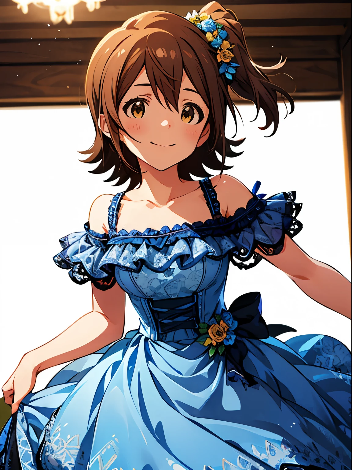 mirai kasuga (million live), 1 girl, Solo, Cute Girl,Best Quality, Ultra-detailed, 8K, High resolution, detailed face, looking at viewer, gentle smile, happy, (aqua blue dress, lacy dress, floral dress, off shoulder),