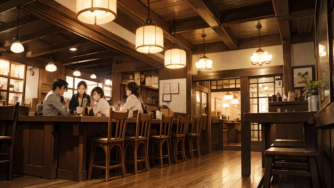 Cafeのインテリア, 心地よいCozy atmosphere, coffee shop, Cozy atmosphere, Cafe, Warm and fun atmosphere, Wide Full Shot, Nostalgic atmosphere, Warm lighting inside, Cozy atmosphere, A multifaceted cozy izakaya, A luxurious study with warm lighting, Dark lighting - style atmosphere, A cozy, dimly lit coffee shop,It is crowded with many customers.