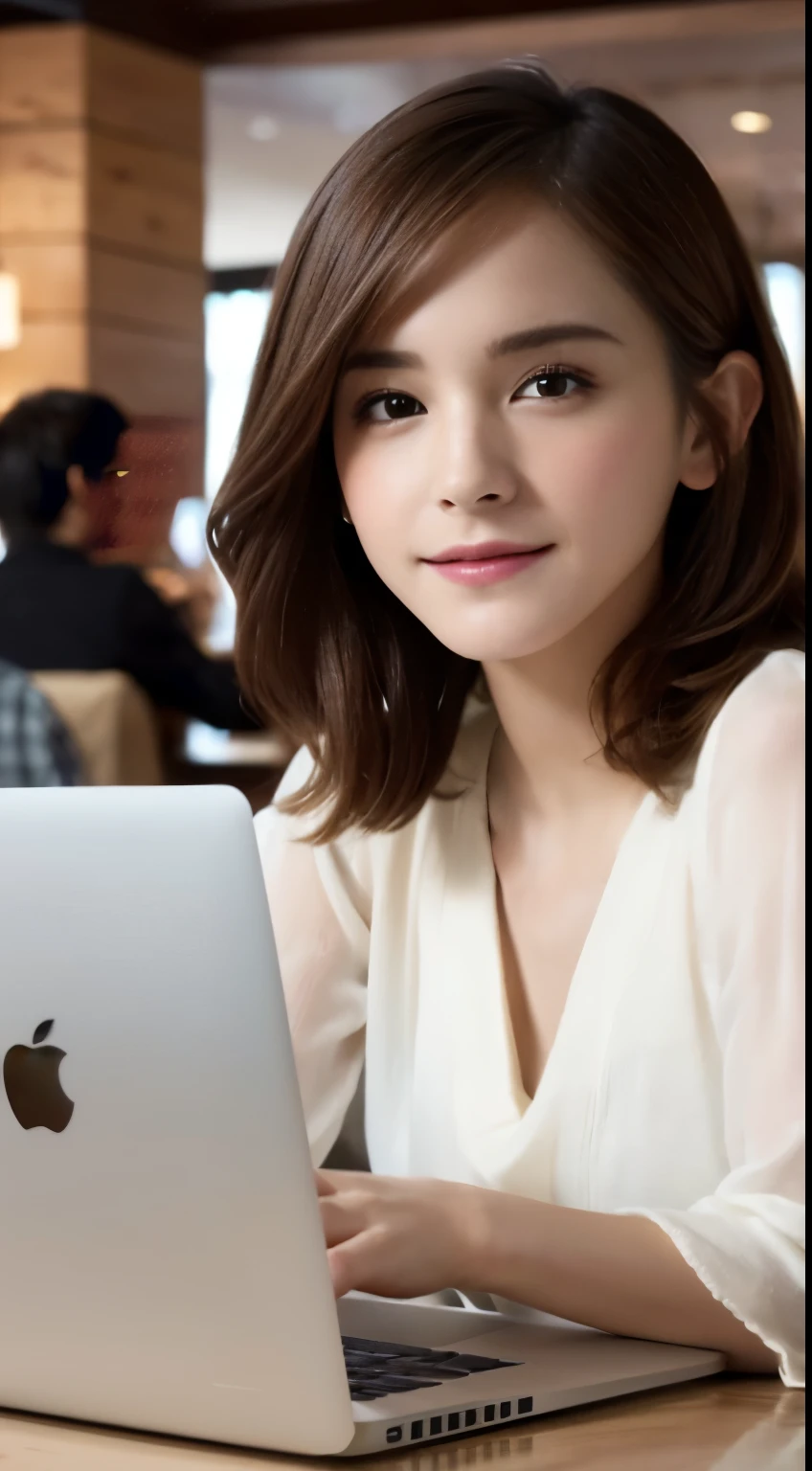 (Surreal), (High resolution), (8k), (Very detailed), (Beautiful and fine details), (highest quality), (Ultra-detailed), (masterpiece), (Detailed face), Soft Focus、Emma Watson's face、huge 、Japanese、Cafe、Starbucks、There is a MacBook on the desk.、Laughter、There are many people in the background