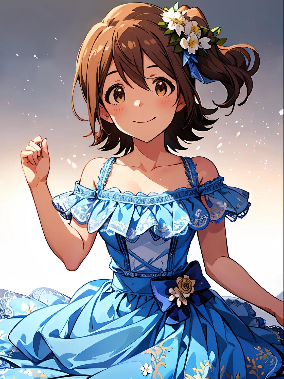 mirai kasuga (million live), 1 girl, Solo, Cute Girl,Best Quality, Ultra-detailed, 8K, High resolution, detailed face, looking at viewer, gentle smile, happy, (aqua blue and white dress, lacy dress, floral dress, off shoulder),